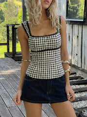 Gingham Square Neck Contrasting Lace Blouse