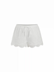 Mid Rise Lace Drawstring Scallop Hem Shorts