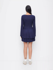 Boat Neck Bell Sleeve Ruched Lettuce Trim Ruffle Layered Mini Dress