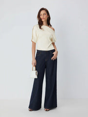 Satin Asymmetrical Neckline Metal Detail Blouse