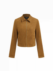 Suede Collar Zip Through Long Sleeve Jacket