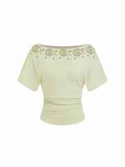 Asymmetrical Neck Embroidery Ruched Tee