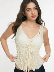 U-neckline Bowknot Lace Tie Front Ruched Tank Top