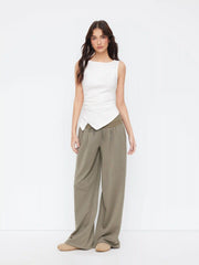 Cotton-blend Boat Neck Ruched Asymmetrical Hem Top