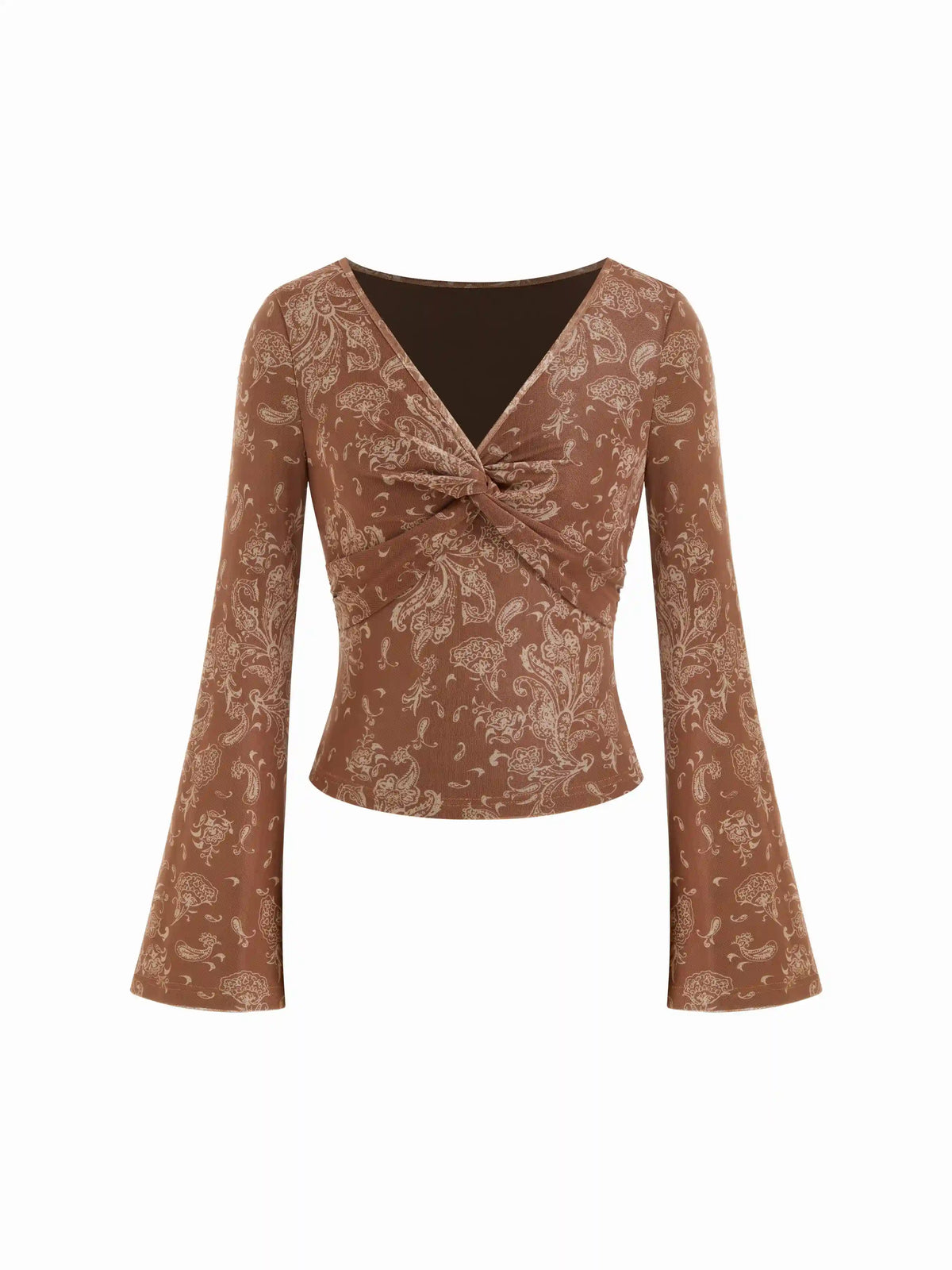 Paisley V-Neck Twist Knot Bell Sleeve Crop Top