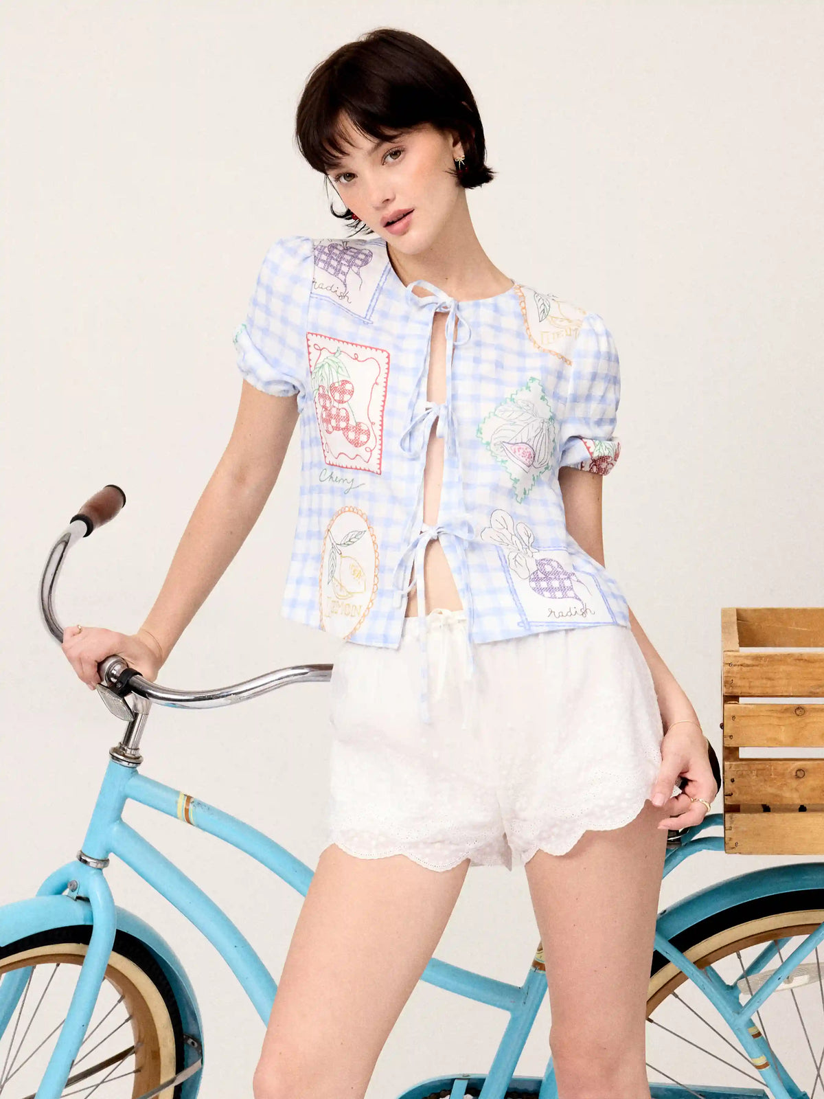 Linen-blend Gingham Fruit Graphic Tie Front Puff Sleeve Oversized Blouse