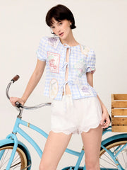 Linen-blend Gingham Fruit Graphic Tie Front Puff Sleeve Oversized Blouse