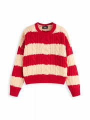 Cable Knit Striped Round Neckline Long Sleeve Oversized Sweater