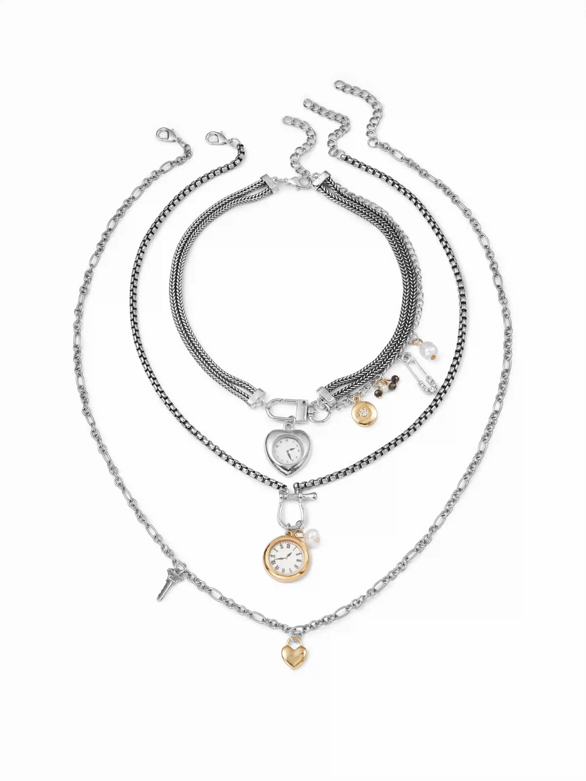 CLOCK & HEART PENDANT LAYERED NECKLACE