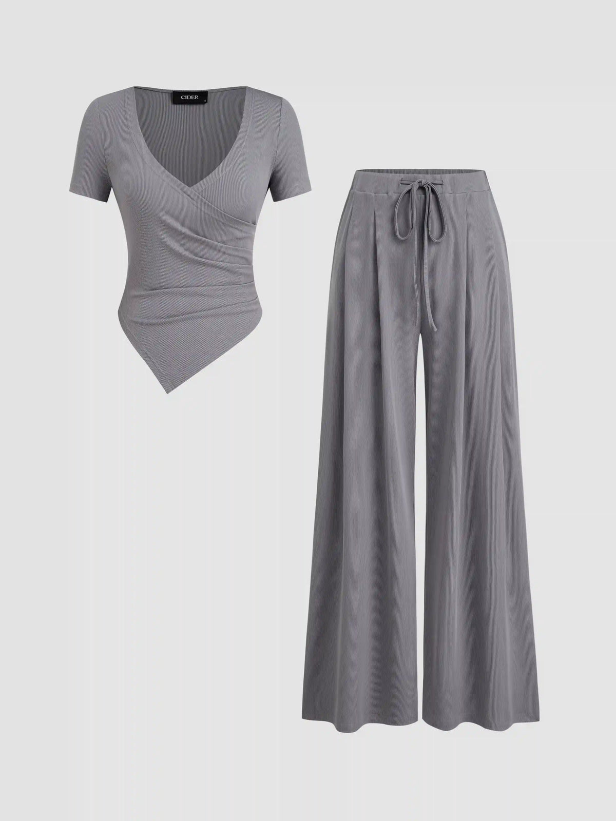 V-neck Ruched Top & Mid Rise Elastic Waist Knotted Straight Leg Trousers