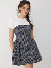 Cotton-blend Short Sleeve Drawstring Flared Mini Dress