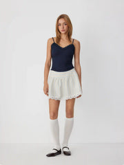 Cotton-blend Mid Rise Striped Lace Trim A-line Mini Skirt