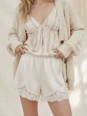 Satin Mid Rise Solid Elastic Waist Floral Lace Shorts