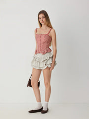 Cotton Gingham Ruched Peplum Crop Cami Top