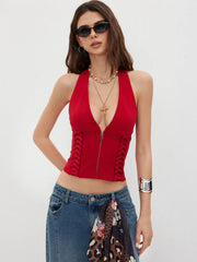 V-neck Halter Zipper Lace Up Top