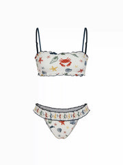 Square Neck Crab & Starfish Graphic Ruched Bikini Set