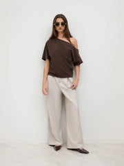 Cotton-blend Asymmetrical Neck Ruched Tee