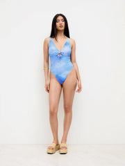 Shaping V-neck Illusion Bowknot Starfish Detail Cut Out One Piece Swimsuit