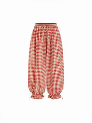 Cotton-blend Gingham Adjustable Drawstring Hem Balloon Pants