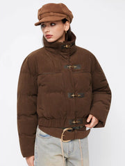 Corduroy Stand Collar Metal Buckle Zip Through Oversized Puffer Jacket