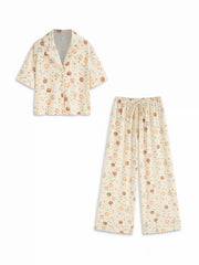 Food Graphic Collar Oversized Cropped Top & Mid Rise Drawstring Wide Leg Trousers Loungewear Set