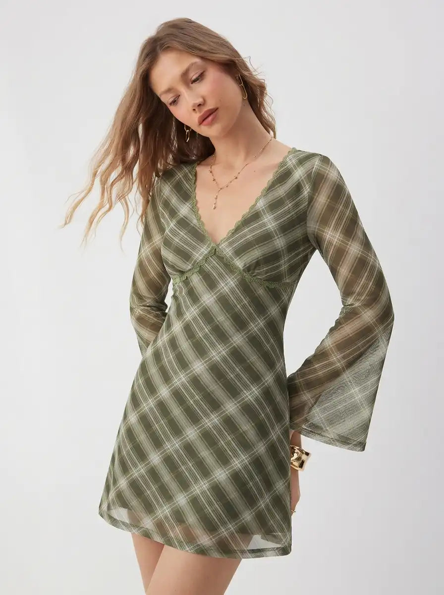 V-Neck Plaid Lace Trim Bell Sleeve Mini Dress