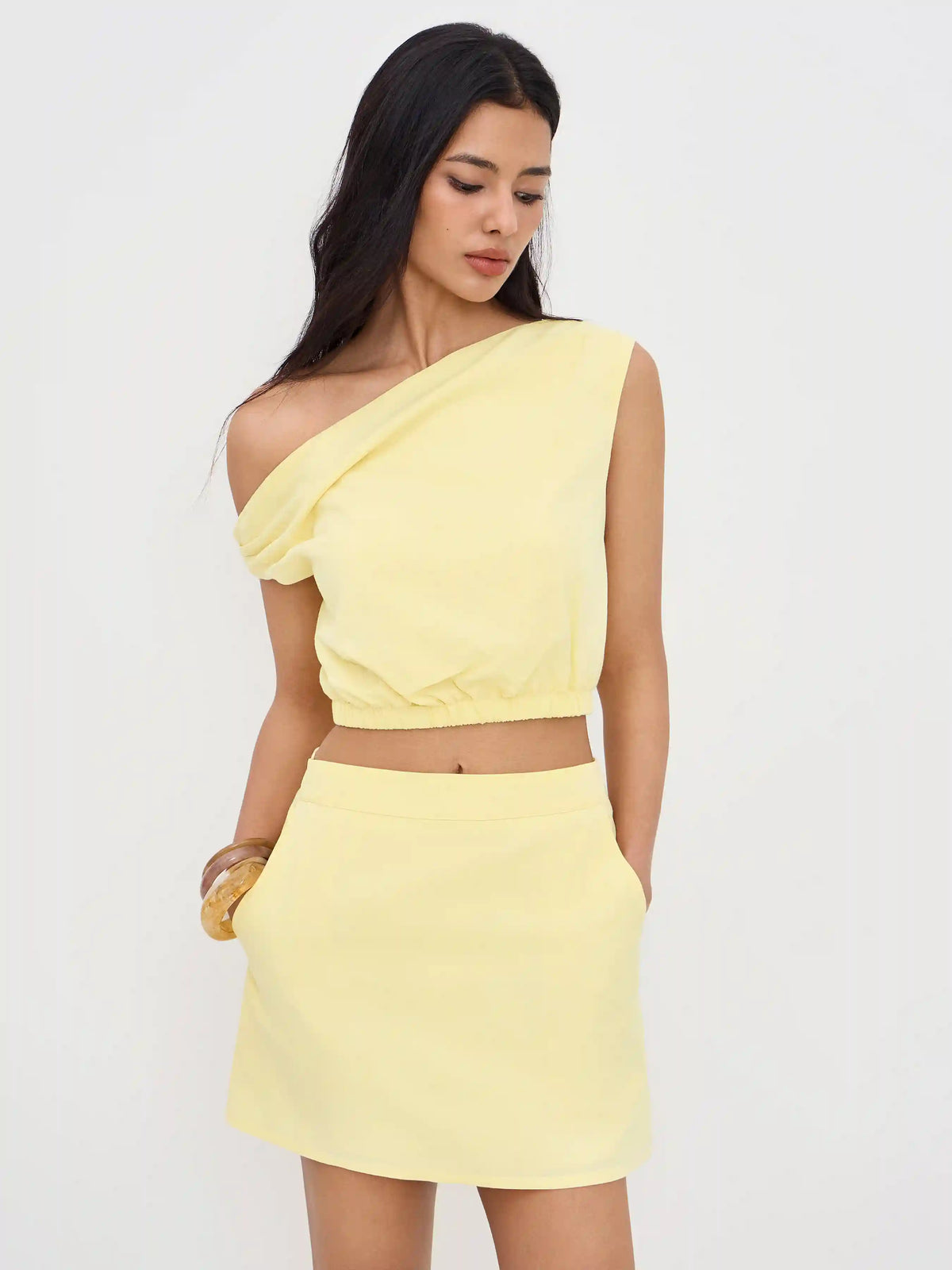 Linen-blend Asymmetrical Neck Elastic Waist Crop Top With Mini Skirt