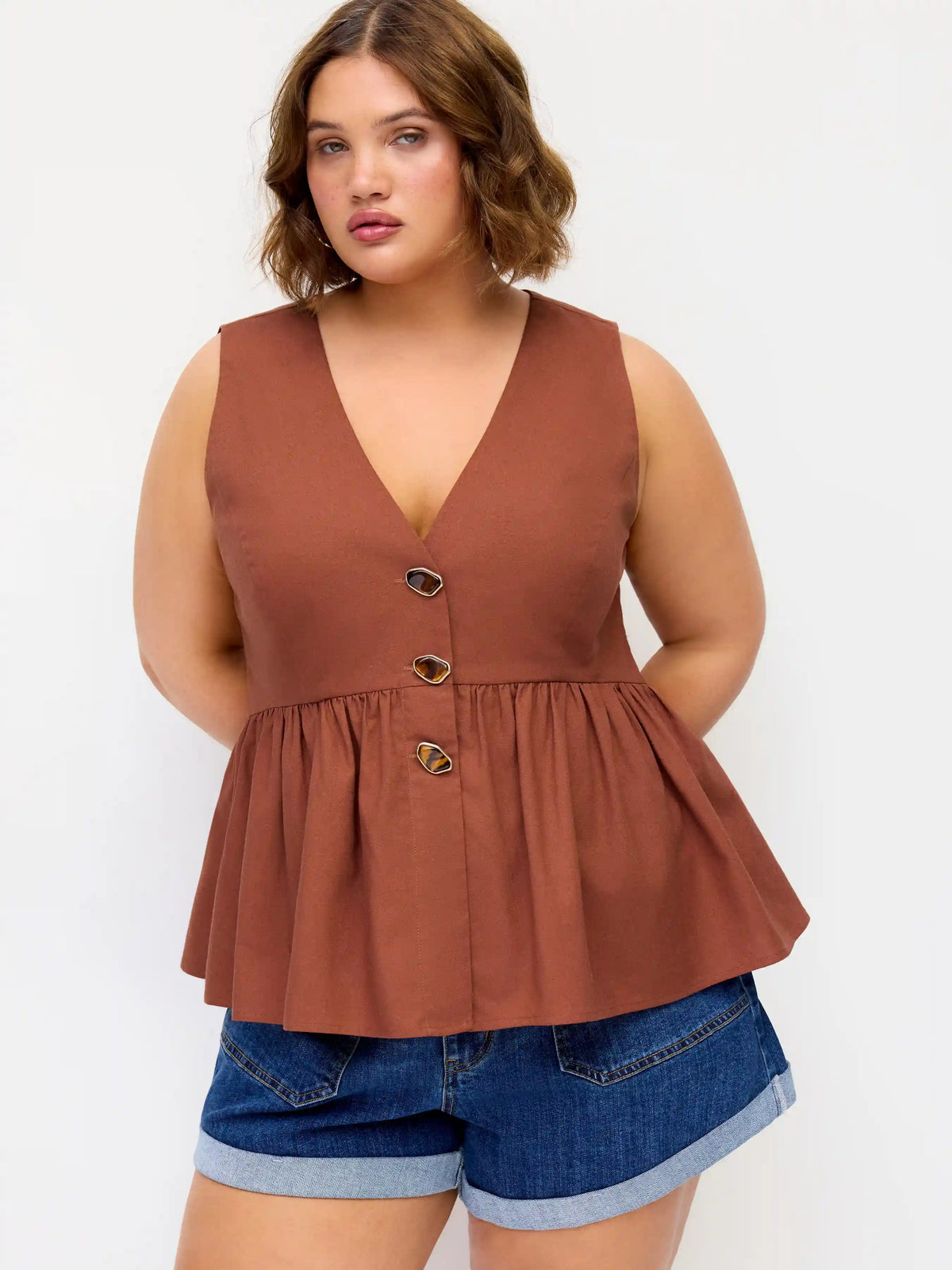 Linen-blend V-neck Ruffled Peplum Metal Detail Blazer Vest Curve & Plus