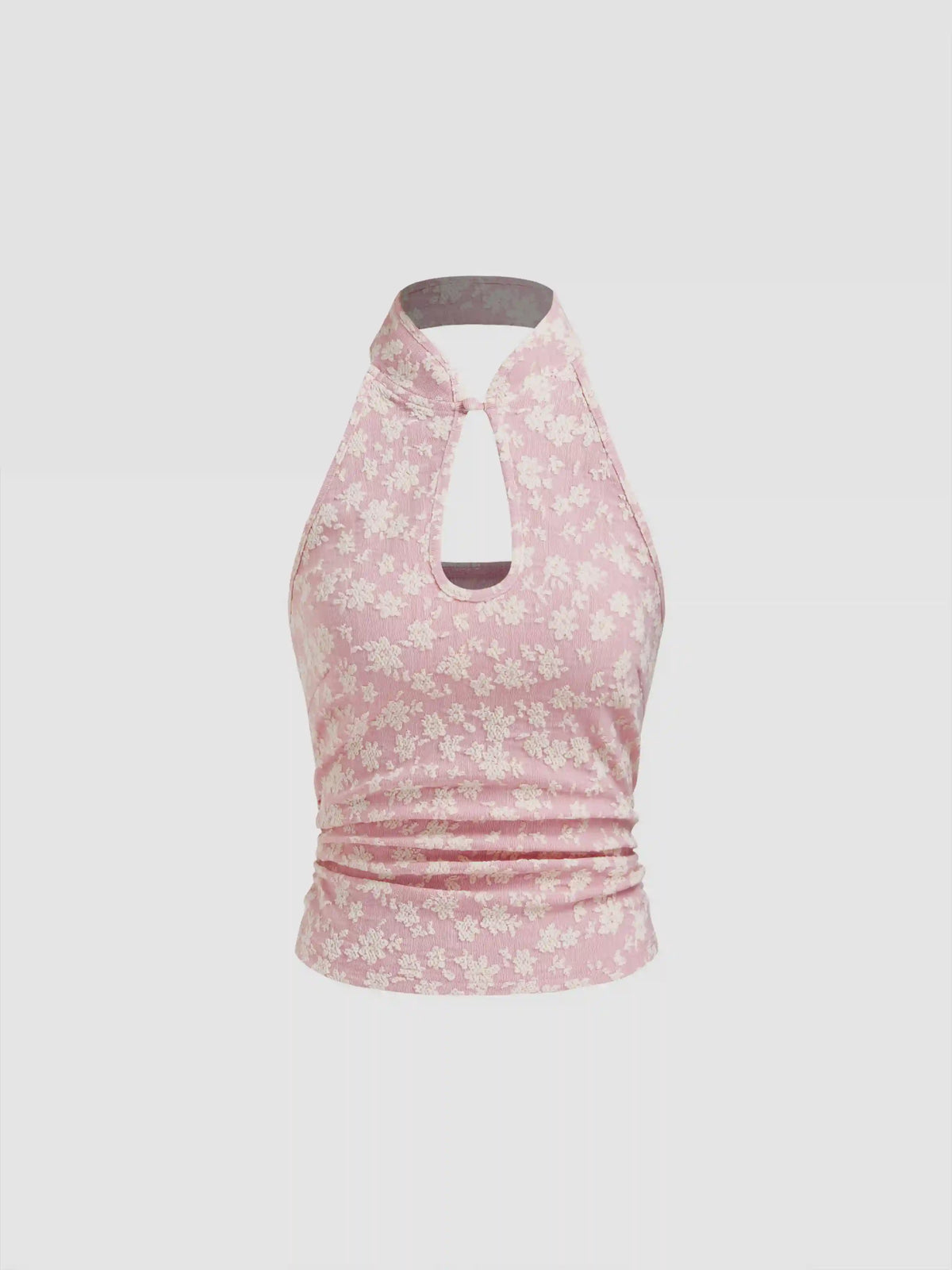 Jacquard Mandarin Collar Floral Cut Out Ruched Tank Top
