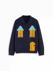 Knit Collar Graphic Oversized Long Sleeve Top