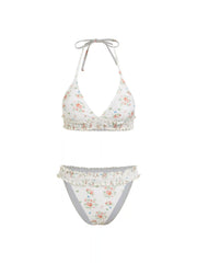 Halter Neckline Floral Shirred Lettuce Trim Triangle Bikini Set