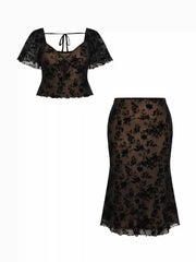 Mesh Sweetheart Floral Lace Ruffled Top & Lettuce Trim Mermaid Maxi Skirt Set Curve & Plus