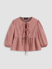 Cotton-blend Round Neckline Gingham Tie Front Long Sleeve Blouse
