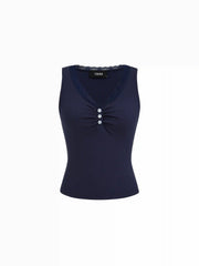 Cotton-blend V-neck Lace Trim Ruched Tank Top