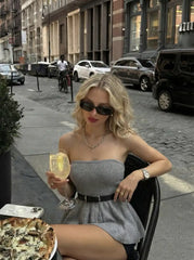 Knit Strapless Ruffled Peplum Crop Top With Belt