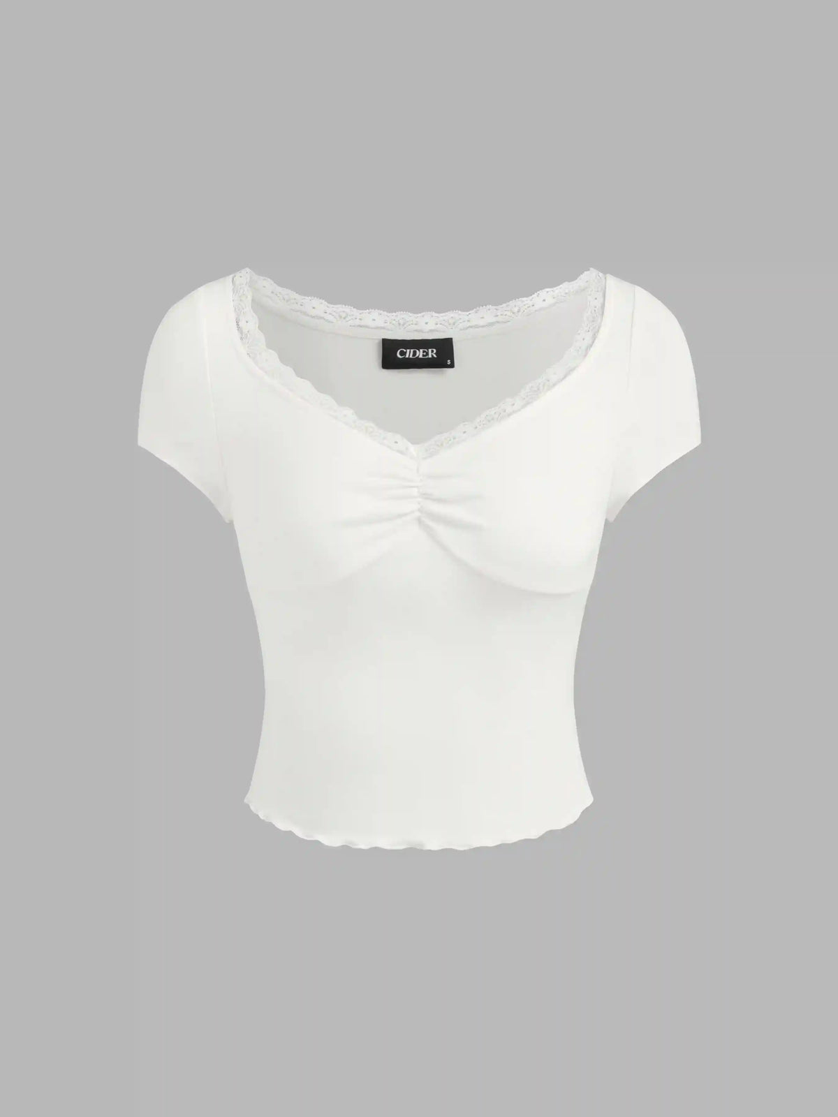 V-neck Lace Lettuce Trim Short Sleeve Tee