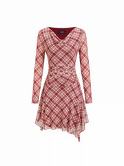 Jersey Plaid Cowl Neck Ruched Ruffle Hem Mini Babydoll Dress