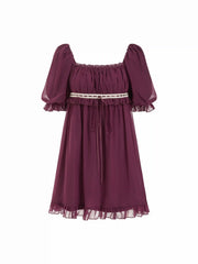 Chiffon Square Neck Ruffled Puff Sleeve Oversized Babydoll Mini Dress