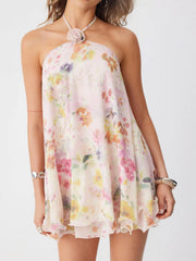 Chiffon Floral Halter Neckline Rosette Ruffle Hem A-line Mini Dress