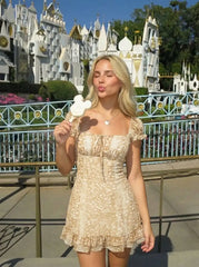 Chiffon Square Neck Puff Sleeve Ruched A-line Mini Dress