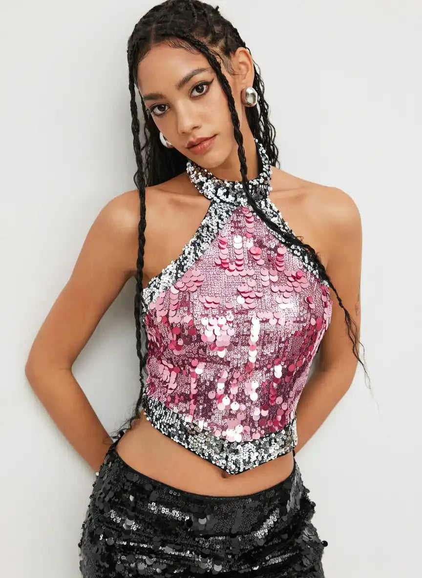 Sequin Halter Neckline Contrasting Binding Crop Tank Top