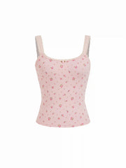 Cotton-blend Floral Square Neck Lace Trim Cami Top