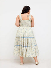 Cotton Ditsy Floral Contrasting Binding knotted Shirred Tiered Maxi Dress Curve & Plus