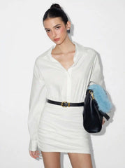 Cotton-blend Collar Ruched Long Sleeve Mini Dress