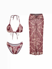 Halter Neckline Paisley Triangle Low Rise Bikini Set With Sarong