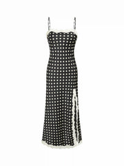 Satin Polka Dot Lace Panel Split Slip Maxi Dress