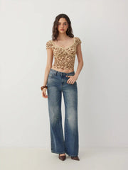 Jacquard Floral Lace Sweetheart Neck Ruffle Sleeve Top