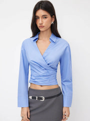 Cotton-blend Collar V-neck Wrap Ruched Cinched Waist Shirt
