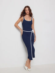 Scoop Neck Colorblock Contrasting Binding Knotted Midi Dress