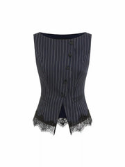 Striped Boat Neck Lace Trim Blazer Vest